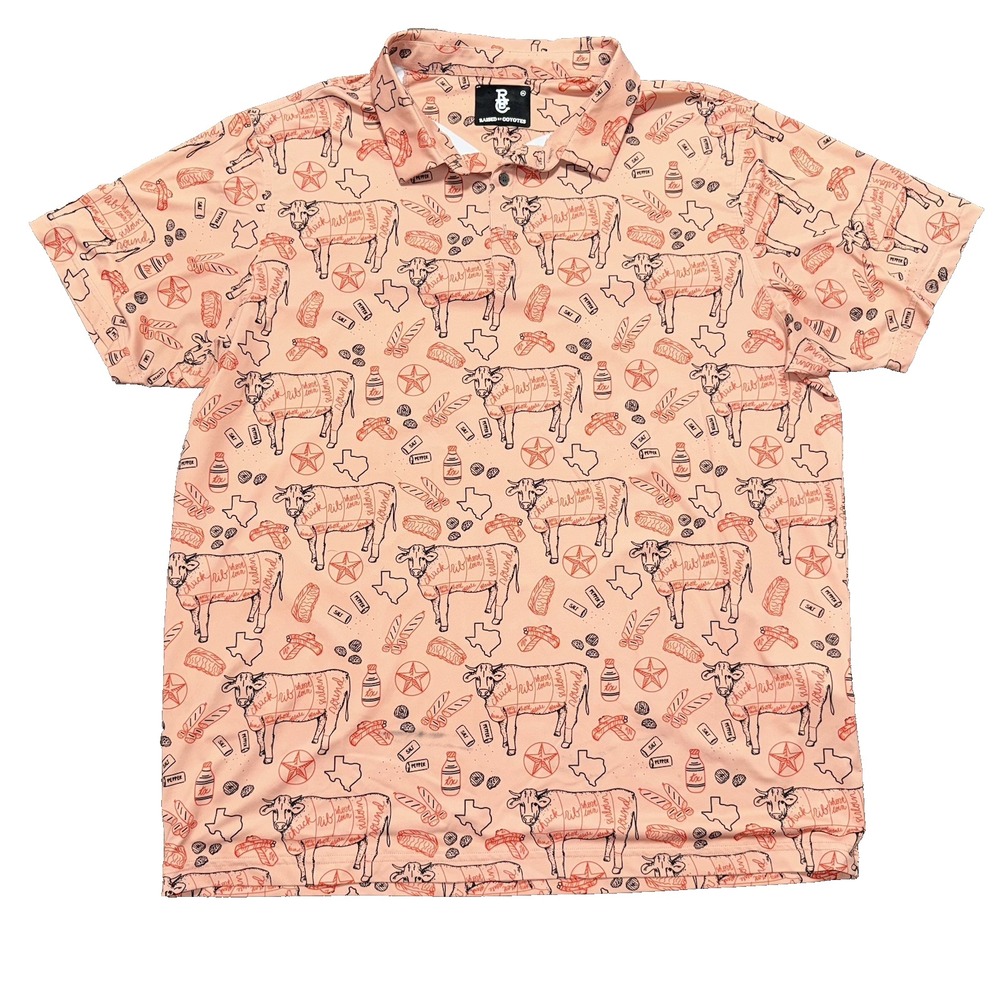 Raised By Coyotes Shirt Mens 2XL Golf Polo Texas BBQ Beef Cuts Cow Ribs Peach